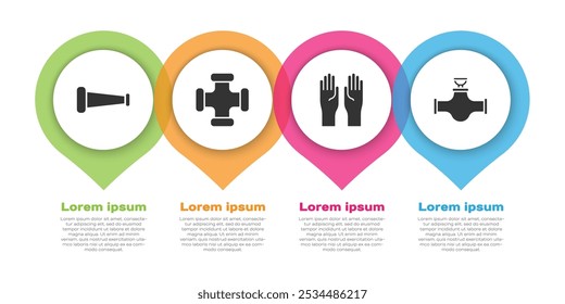 Set tubulação metálica da indústria, tubulação metálica da indústria, luvas de borracha e tubulação e válvula da indústria. Modelo de infográfico comercial. Vetor