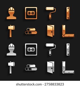 Set Industry metallic pipe, Ruler, Corner ruler, Closed door, Wooden axe, Paint roller brush, Worker safety helmet and Electrical outlet icon. Vector