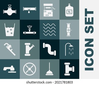 Ajuste la tubería metálica, la ducha y la válvula de la industria. Bueno, el vidrio con agua y el icono de Wave. Vector