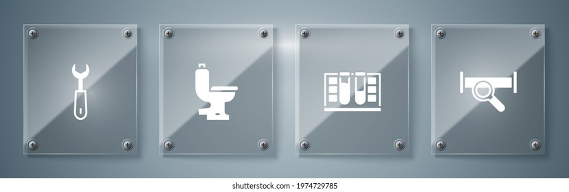 Set Industry metallic pipe, Test tube with water drop, Toilet bowl and Wrench spanner. Square glass panels. Vector