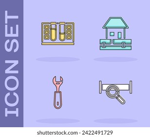 Set Industry metallic pipe, Test tube with water drop, Wrench spanner and Water supply pipes icon. Vector