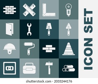 Set Industry metallic pipe, Traffic cone, Trowel, Corner ruler, Wrench spanner, Closed door, Bricks and  icon. Vector