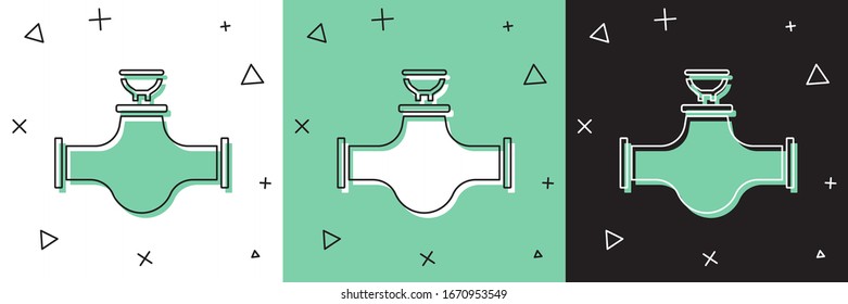 Set Industry metallic pipe and valve icon isolated on white and green, black background.  Vector Illustration