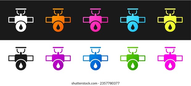 Set Industry metallic pipe and valve icon isolated on black and white background.  Vector