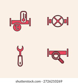 Set Industry metallic pipe, , and valve and Wrench spanner icon. Vector