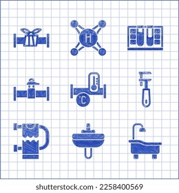 Set Industry metallic pipe, Washbasin, Bathtub, Pipe adjustable wrench, Heated towel rail, and valve, Test tube with water drop and  icon. Vector