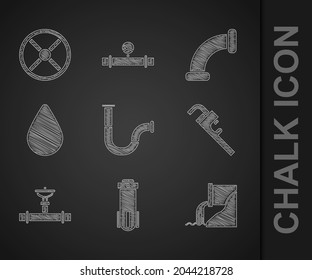 Set Industry metallic pipe, Water filter, Wastewater, Pipe adjustable wrench, and valve, drop,  and  icon. Vector