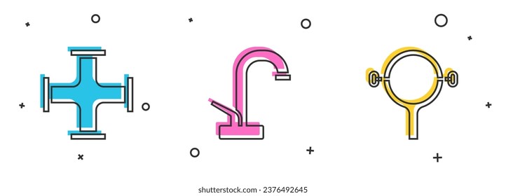 Ajuste tubería metálica de la industria, grifo de agua e icono de llave de filtro. Vector