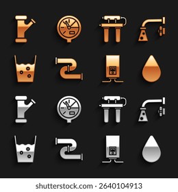 Set Industry metallic pipe, Water tap, drop, Gas boiler with burning fire, Glass water, filter,  and meter icon. Vector