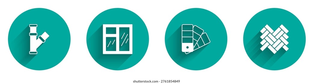 Set Industry metallic pipe, Window in room, Color palette guide and Parquet icon with long shadow. Vector