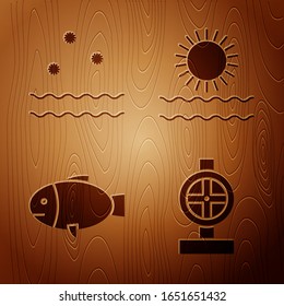 Set Industry metallic pipes and valve, Cold and waves, Fish and Sun and waves on wooden background. Vector