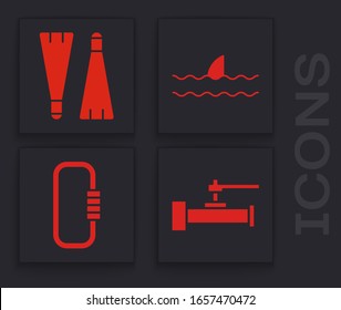 Set Industry metallic pipes and valve, Rubber flippers for swimming, Shark fin in ocean wave and Carabiner icon. Vector