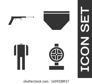Set Industry metallic pipes and valve, Fishing harpoon, Wetsuit for scuba diving and Swimming trunks icon. Vector