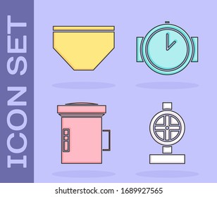 Set Industry metallic pipes and valve, Swimming trunks, Big flashlight for diver and Diving watch icon. Vector