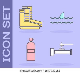 Set Industry metallic pipes and valve, Boots, Aqualung and Shark fin in ocean wave icon. Vector