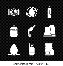Set Industry metallic pipes and valve, Oil drop, Industrial gas cylinder tank, Propane, Barrel oil,  and Gasoline pump nozzle icon. Vector