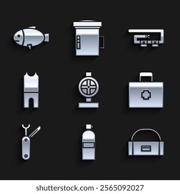 Set Industry metallic pipes and valve, Aqualung, Case or box container for wobbler, First aid kit, Swiss army knife, Wetsuit scuba diving, Diving belt and Fish icon. Vector