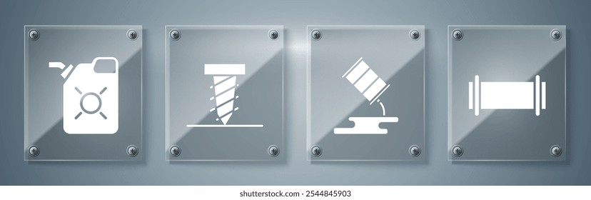 Set tubulação da indústria, vazamento de óleo do barril, broca rotativa cavando um buraco e recipiente para óleo do motor. Painéis de vidro quadrados. Vetor