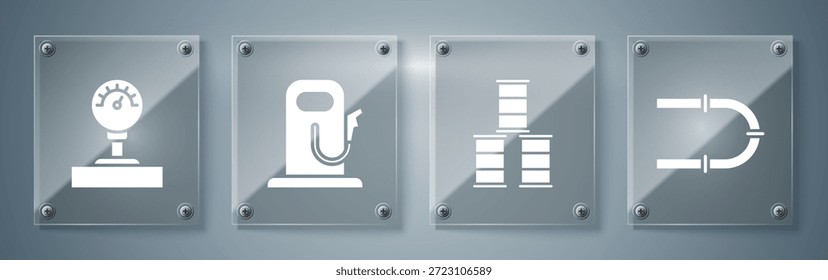 Conjunto de tubería de la industria, barril de petróleo, gasolinera o gasolinera y escala Gauge. Paneles de vidrio cuadrados. Vector