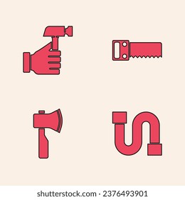 Fijar el tubo de la industria, el martillo, la sierra de mano y el icono del hacha de madera. Vector