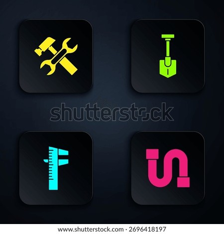 Set Industry pipe, Hammer and wrench, Calliper or caliper scale and Shovel. Black square button. Vector