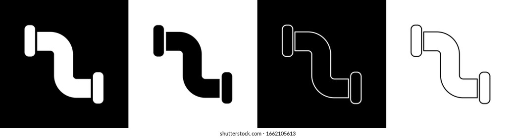 Ajuste el icono de tubería de la industria aislado en fondo blanco y negro. Piezas de tubería de fontanería de diferentes formas. Ilustración vectorial