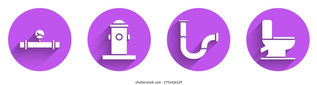 Set Industry pipe and manometer, Fire hydrant, Industry metallic pipe and Toilet bowl icon with long shadow. Vector