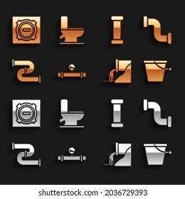 Set Industry pipe and manometer, metallic, Bucket, Wastewater, Manhole sewer cover and Toilet bowl icon. Vector