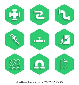 Set Industry pipe and manometer, metallic, Shower, Wastewater, Wave, Pipe adjustable wrench,  and  icon. Vector