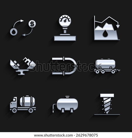 Set Industry pipe, Oil industrial factory building, Rotating drill digging hole, railway cistern, Tanker truck, Wrecked oil tanker ship, Drop crude price and exchange icon. Vector