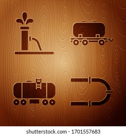 Coloque sobre fondo de madera el tubo de la industria, la bomba de aceite o el gato de la bomba, la cisterna de la línea ferroviaria de aceite y la cisterna de la línea ferroviaria de aceite. Vector