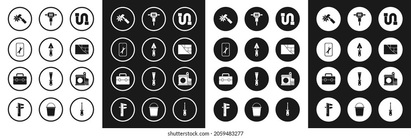 Fijar tubería de la industria, Trowel, servicio móvil, martillo, ladrillos, martillo de construcción, cubo y pincel de pintura e icono de caja de herramientas. Vector