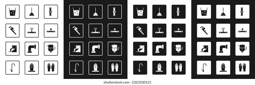 Set Industry pipe and valve, Pipe adjustable wrench, Glass with water, manometer, Rubber plunger, Electric boiler for heating and Wastewater icon. Vector