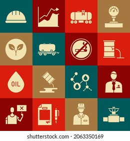 Set Industry pipe and valve, Businessman or stock market trader, Barrel oil leak, Oil railway cistern, Bio fuel, Worker safety helmet and No Smoking icon. Vector