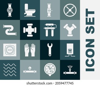 Fijar tubería y válvula de la industria, caldera de gas con fuego ardiente, metálico, medidor de agua e icono de filtro. Vector