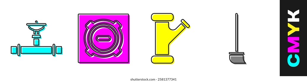 Set Industry pipe and valve, Manhole sewer cover, Industry metallic pipe and Mop icon. Vector