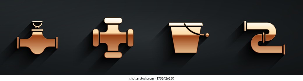 Set Industry pipe and valve, Industry metallic pipe, Bucket and Industry metallic pipe icon with long shadow. Vector