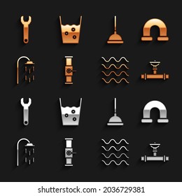 Set Industry pipe and valve, metallic, Wave, Shower, Rubber plunger, Wrench spanner and Glass with water icon. Vector