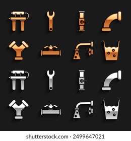 Tubo y válvula de la industria, metálico, vidrio con agua, grifo de agua, Filtrar e icono de llave inglesa. Vector