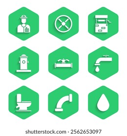 Set Industry pipe and valve, metallic, Water drop, tap, Toilet bowl, Fire hydrant, Well and Plumber icon. Vector