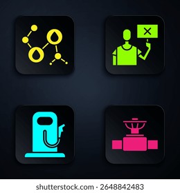 Set Industry pipe and valve, Molecule oil, Petrol or gas station and Nature saving protest. Black square button. Vector