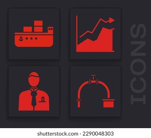 Fijar tubería y válvula de la industria, buque petrolero, aumento del precio del petróleo y icono del empresario o del comerciante de valores. Vector