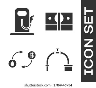 Ajuste tubería y válvula de la industria, gasolinera o gasolinera, intercambio de petróleo y pila dinero de papel icono de caja. Vector