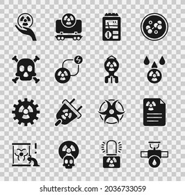 Set Industry pipe and valve, Radiation warning document, Acid rain radioactive cloud, Dosimeter, Radioactive exchange energy, Bones skull,  and Nuclear bomb icon. Vector