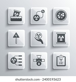 Set Industry pipe and valve, Radiation warning document, Radioactive waste barrel, High voltage sign,  and Molecule icon. Vector