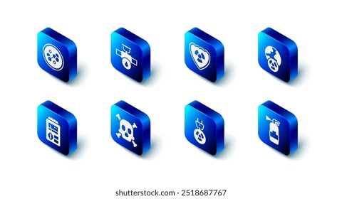 Definir tubulação e válvula da indústria, Radioativo em escudo, Radiação do planeta Terra, Extintor de incêndio, Plugue elétrico de radiação, Aviso de crânio de ossos, Dosímetro e ícone de molécula. Vetor