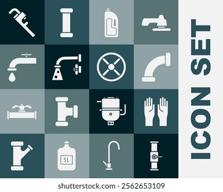 Set Industry pipe and valve, Rubber gloves, metallic, Container with drain cleaner, Water tap, Pipe adjustable wrench and  icon. Vector