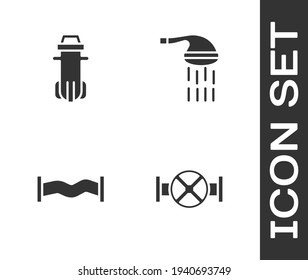 Fijar tubería y válvula de la industria, filtro de agua, icono metálico y ducha. Vector