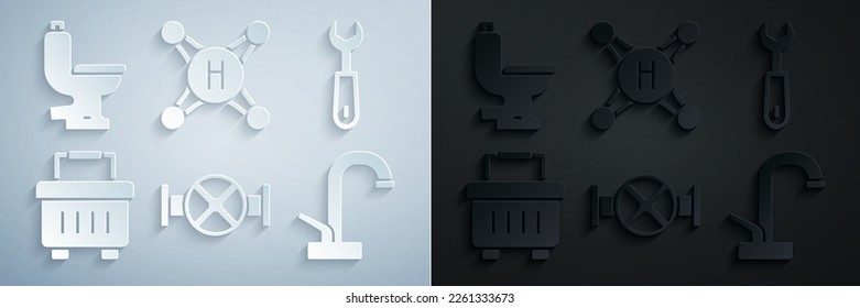 Ajuste el tubo y la válvula de la industria, el spanner de llave, el Cuadro de herramientas, el grifo de agua y el icono del tazón del inodoro. Vector