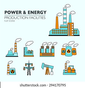 Set of industry power icons in flat design style.